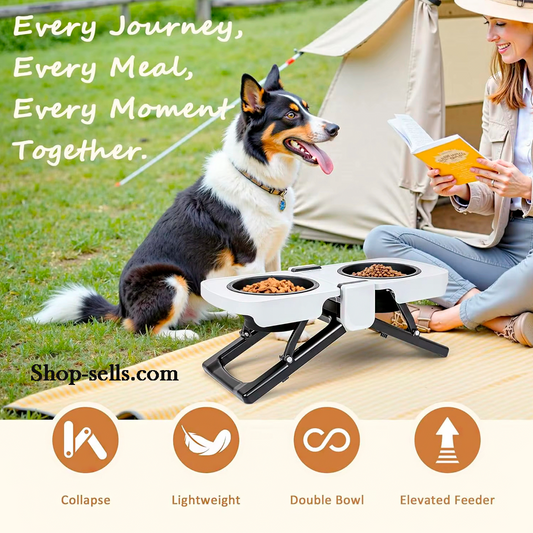 Portable Foldable Elevated Dog Bowls Stand with Dual Dishes — Compact Travel Pet Feeding Table