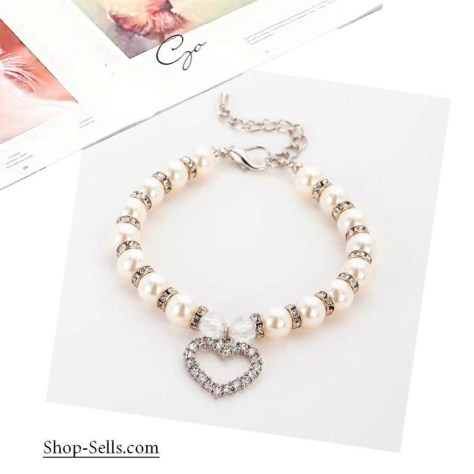 Pearl Pet Necklace Collar with Heart Charm | Adjustable Jewelry for Dogs and Cats