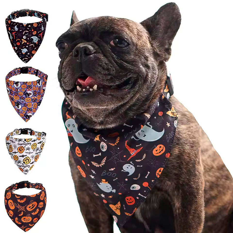 Halloween Pet Bandana with Pumpkin and Skull Print | Adjustable Dog and Cat Collar Scarf