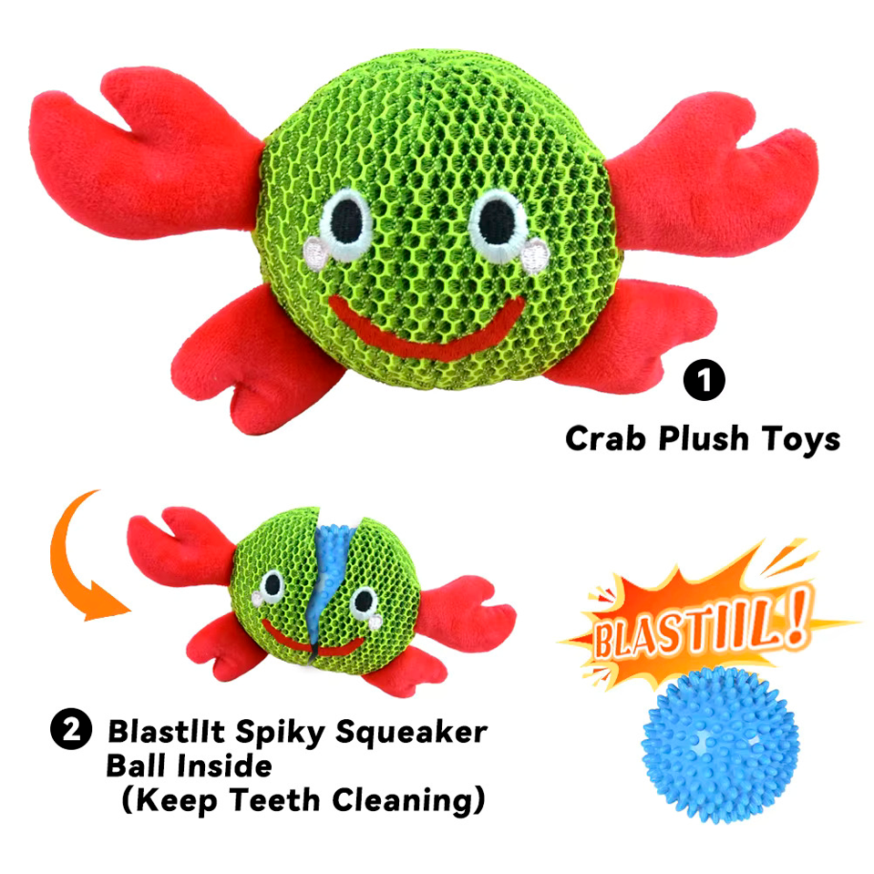 Interactive Dog Toy Monster & Crab 2-in-1 | Chew Plush Ball with Squeaker