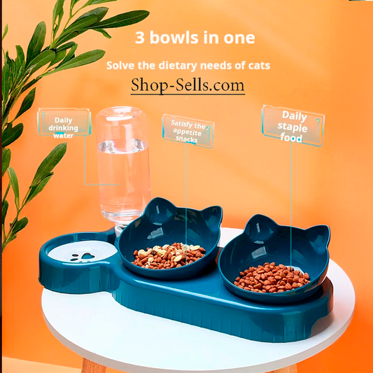 3-in-1 Cat Food and Water Bowl Set with Tilted Design | BPA-Free, Auto Water Dispenser