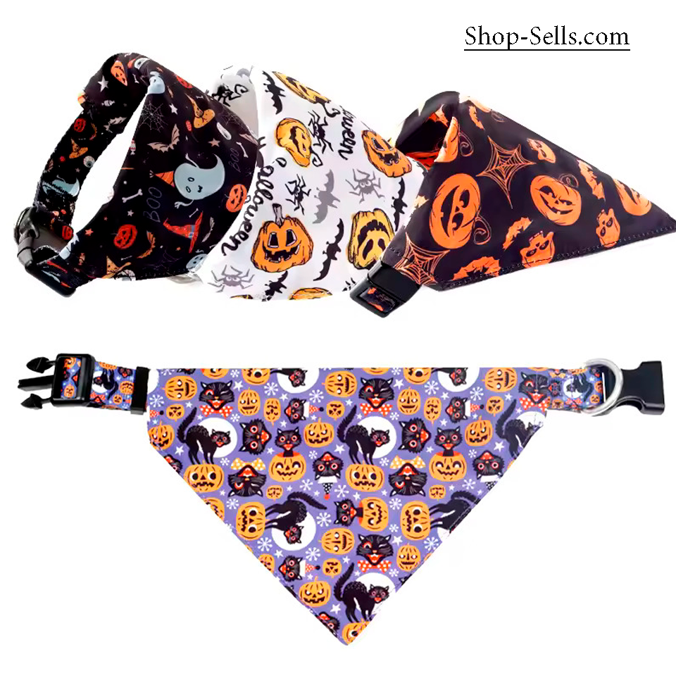 Halloween Pet Bandana with Pumpkin and Skull Print | Adjustable Dog and Cat Collar Scarf