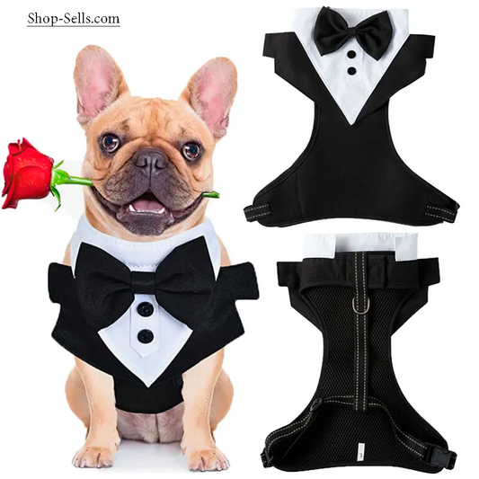 Dog Tuxedo Vest with Bowtie – Formal Harness for Weddings & Parties