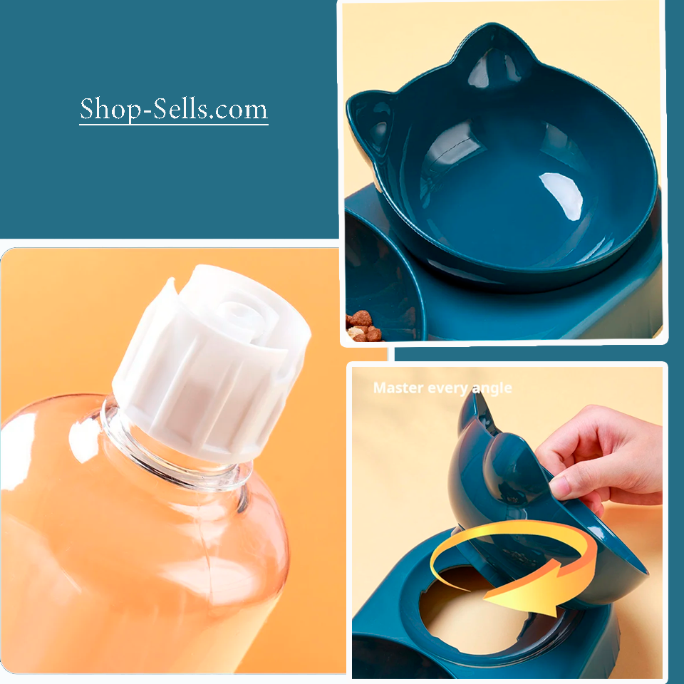 3-in-1 Cat Food and Water Bowl Set with Tilted Design | BPA-Free, Auto Water Dispenser