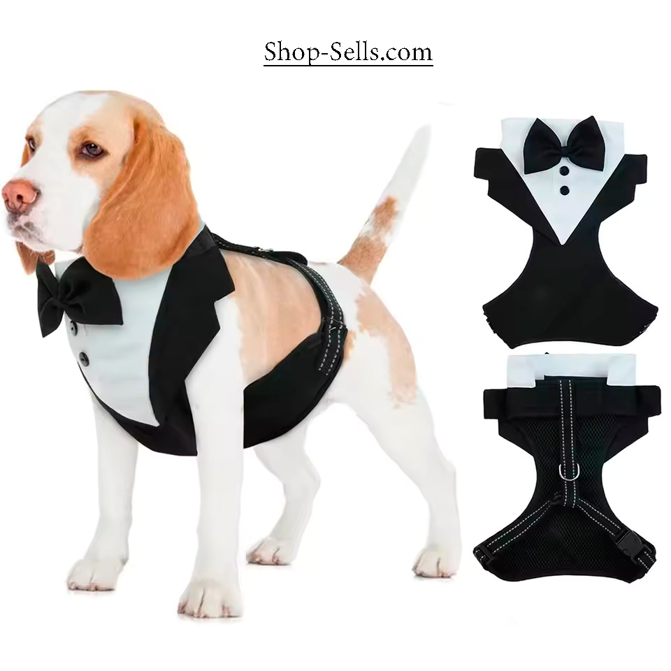 Dog Tuxedo Vest with Bowtie – Formal Harness for Weddings & Parties