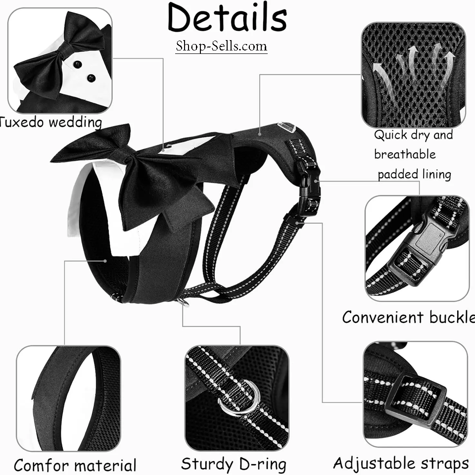 Dog Tuxedo Vest with Bowtie – Formal Harness for Weddings & Parties