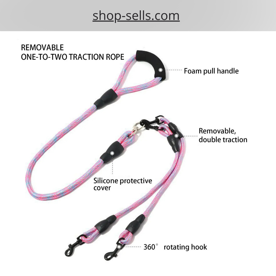 Double Dog Leash with 360° Swivel – Tangle-Free, Ergonomic Handle, Adjustable for All Dog Sizes