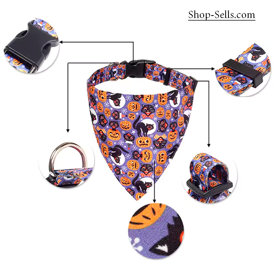 Halloween Pet Bandana with Pumpkin and Skull Print | Adjustable Dog and Cat Collar Scarf