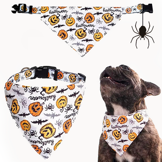 Halloween Pet Bandana with Pumpkin and Skull Print | Adjustable Dog and Cat Collar Scarf