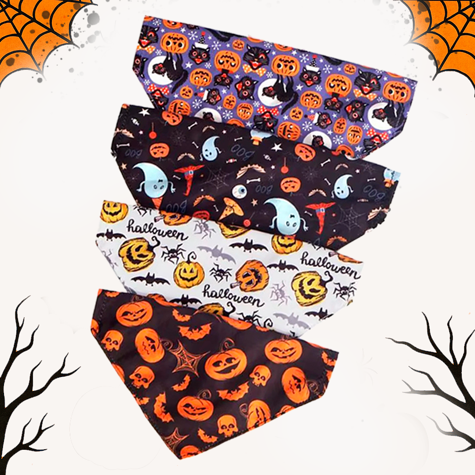 Halloween Pet Bandana with Pumpkin and Skull Print | Adjustable Dog and Cat Collar Scarf