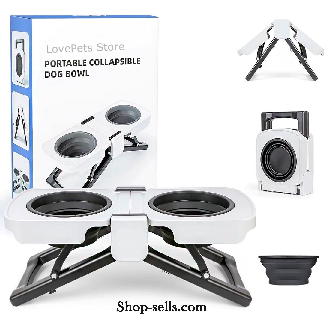 Portable Foldable Elevated Dog Bowls Stand with Dual Dishes — Compact Travel Pet Feeding Table